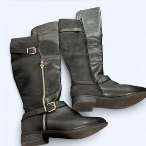 Black Over the Knee Boots with Decorative Buckles and Zipper